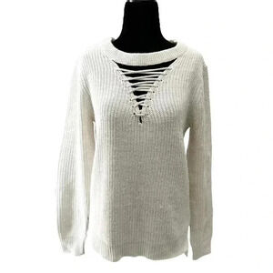 Devoted Sweater Lace Front Keyhole Neckline High  Low Hem Light Beige Small